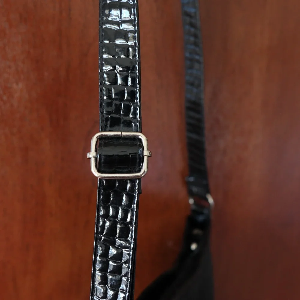 Black Hearts Pattern Y2K Crocodile Crossbody Shoulder Bag‎ Silver Buckle Vintage